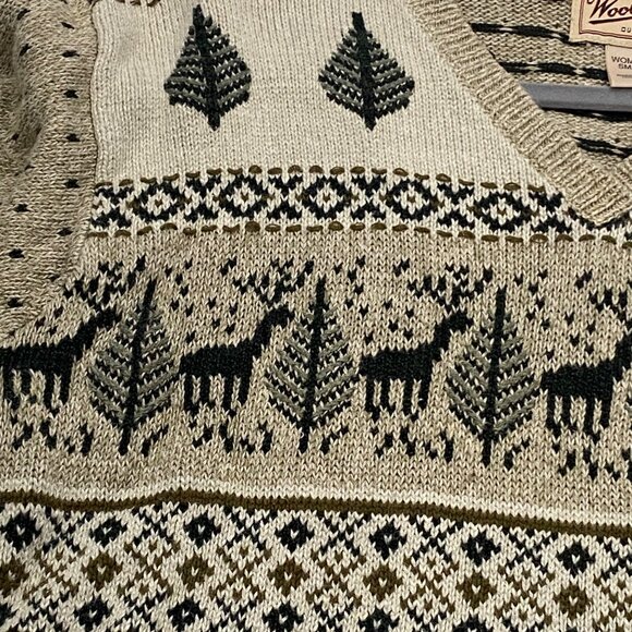 Woolrich vintage Small V-Neck Sweater novelty outdoor Deer & Tree Pattern Ramie - Picture 6 of 9